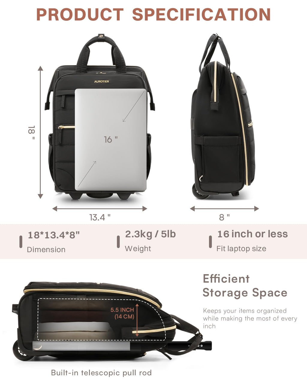 Rolling Puffer Laptop Bag Set with Wheels, 16 Inch Underseat Carry on Luggage E436