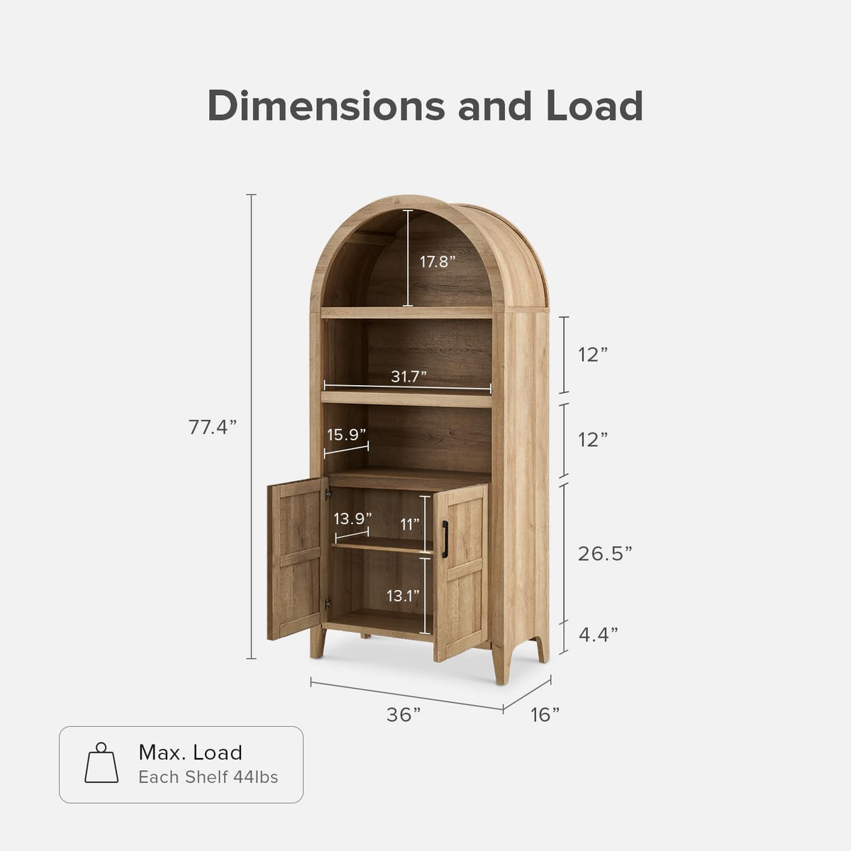 77.4" Tall Arched Wooden Storage Cabinet with Doors and Adjustable Shelves V564998