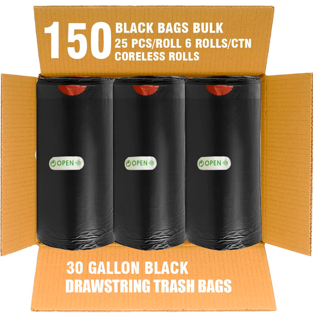 30 Gallon Drawstring Trash Bags, 150 Count Black Heavy Duty Y4261