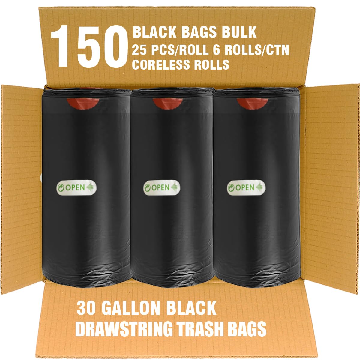 30 Gallon Drawstring Trash Bags, 150 Count Black Heavy Duty Y4261
