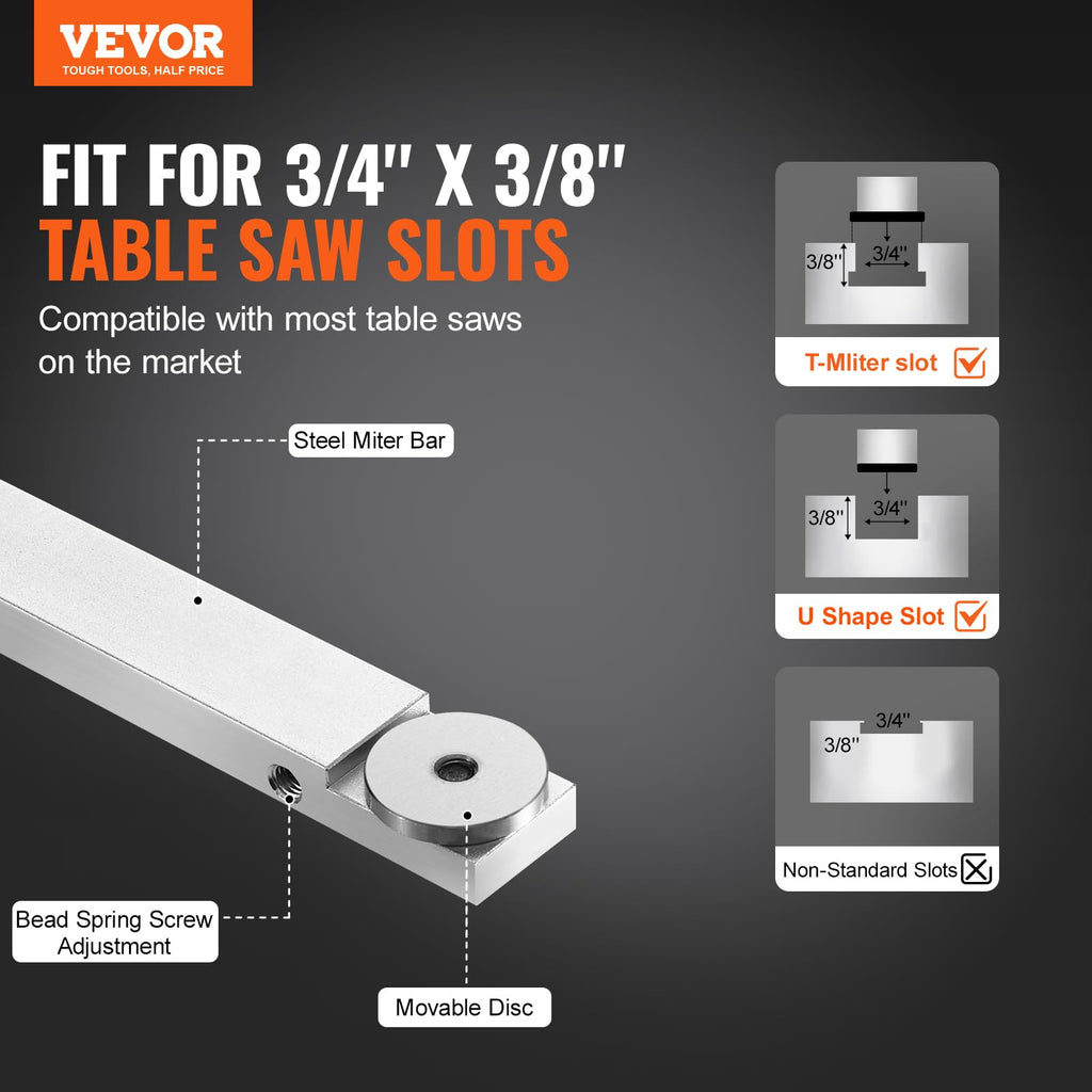 Precision Miter Gauge, 3/4'' x 3/8'', Aluminum Alloy Table Saw Miter Gauge with 15 Angle Stops B3499