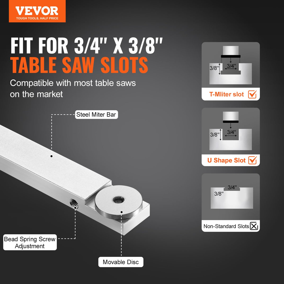 Precision Miter Gauge, 3/4'' x 3/8'', Aluminum Alloy Table Saw Miter Gauge with 15 Angle Stops B3499