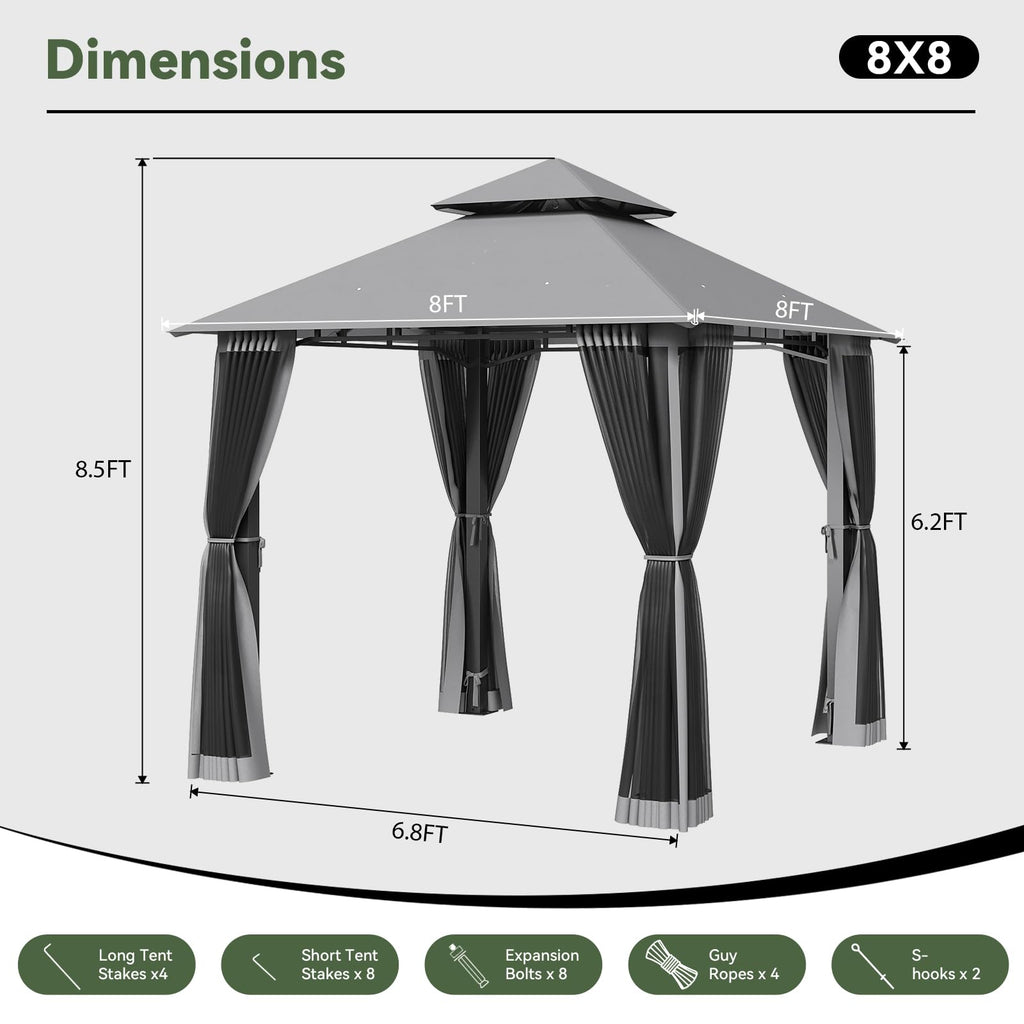 8'x8' Gray Gazebo with Double Roof & Mosquito Netting R34034