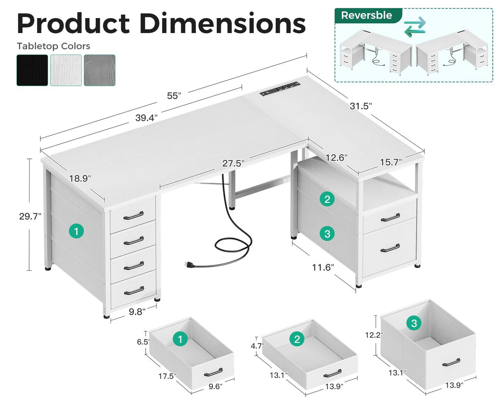 55 Inch L Shaped Office Desk with 6 Drawers White K364101