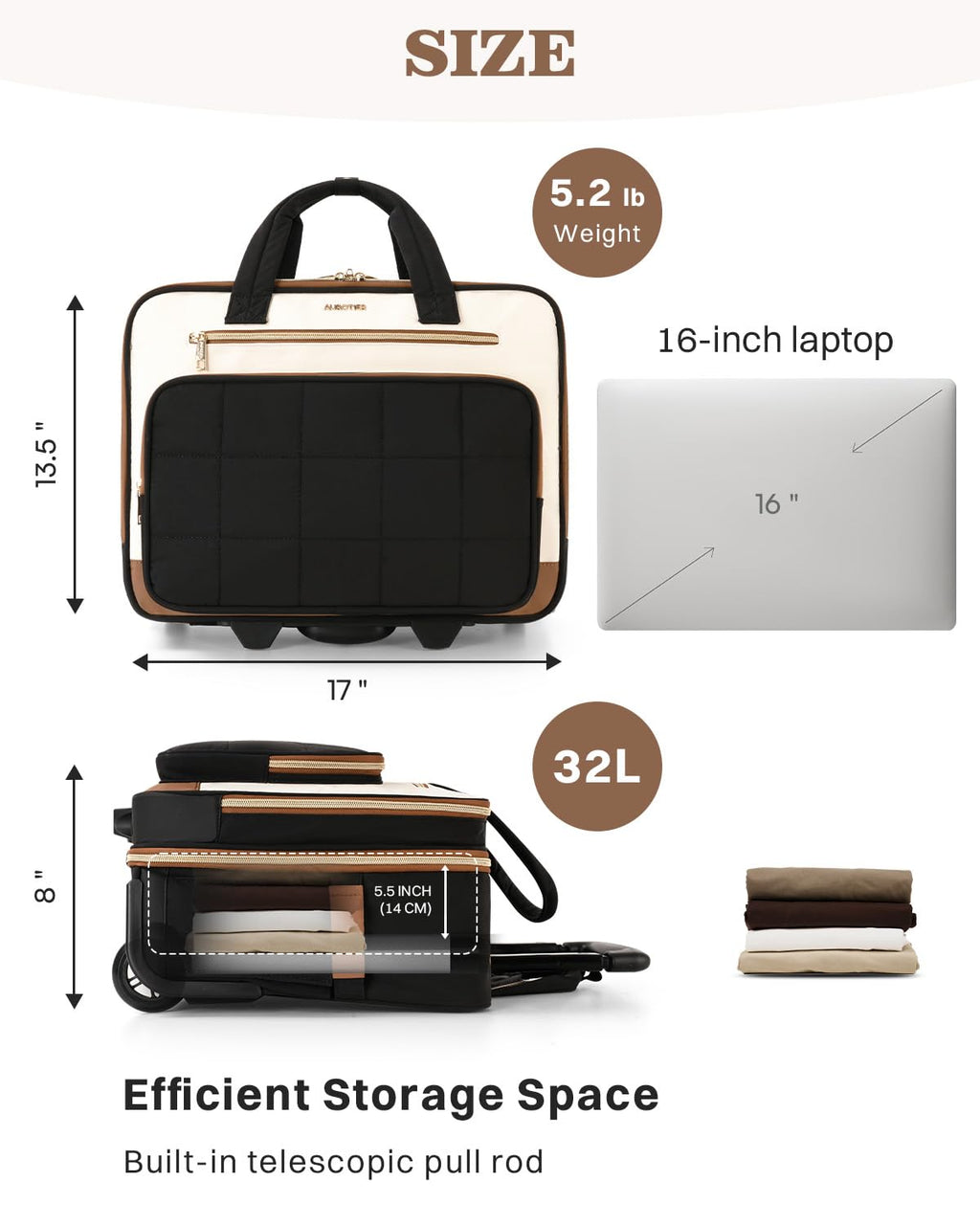 Rolling Puffer Laptop Bag Set with Wheels, 16 Inch Underseat Carry on Luggage E436