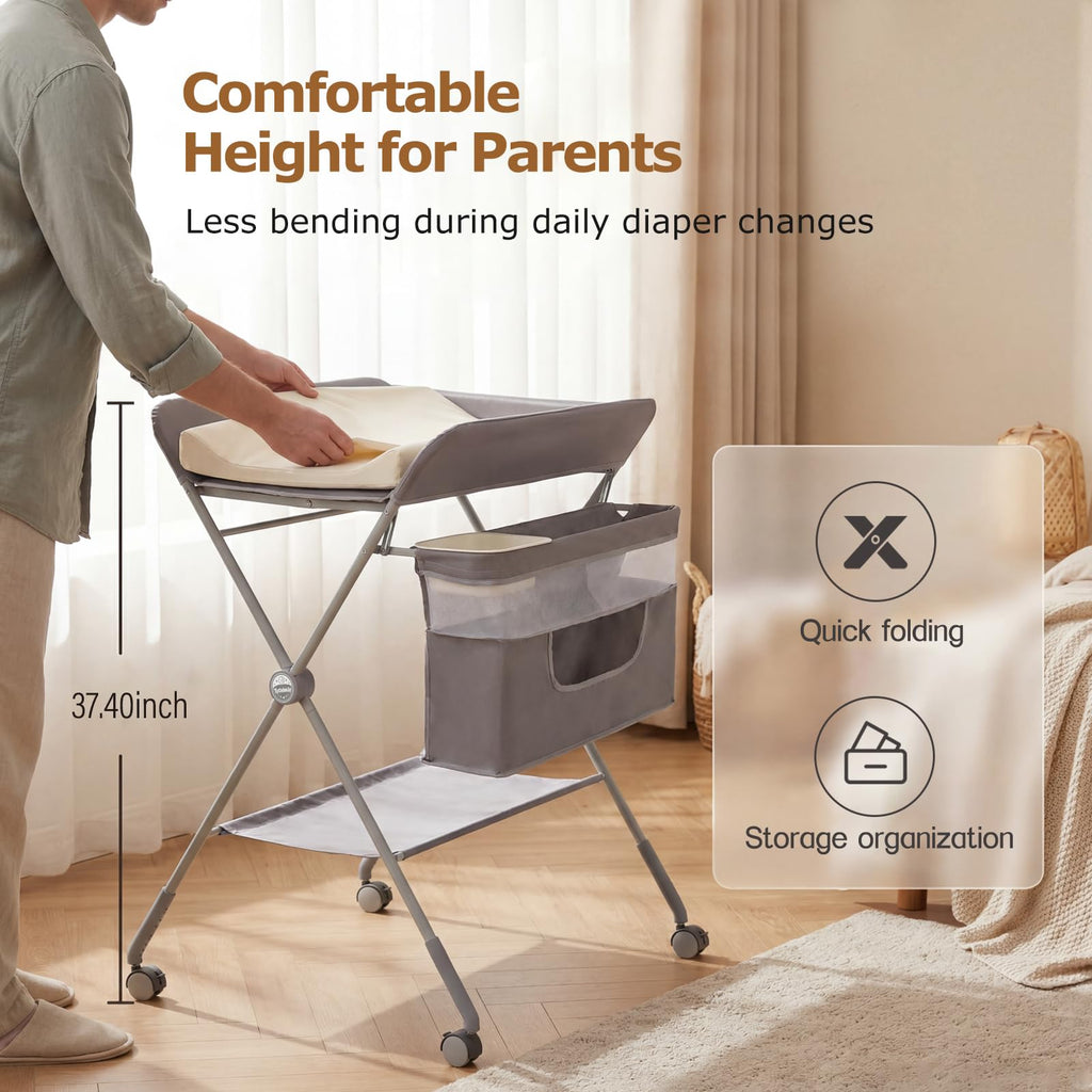 Baby Changing Table with Wheels, Portable Adjustable Folding Diaper Station with Storage V89482