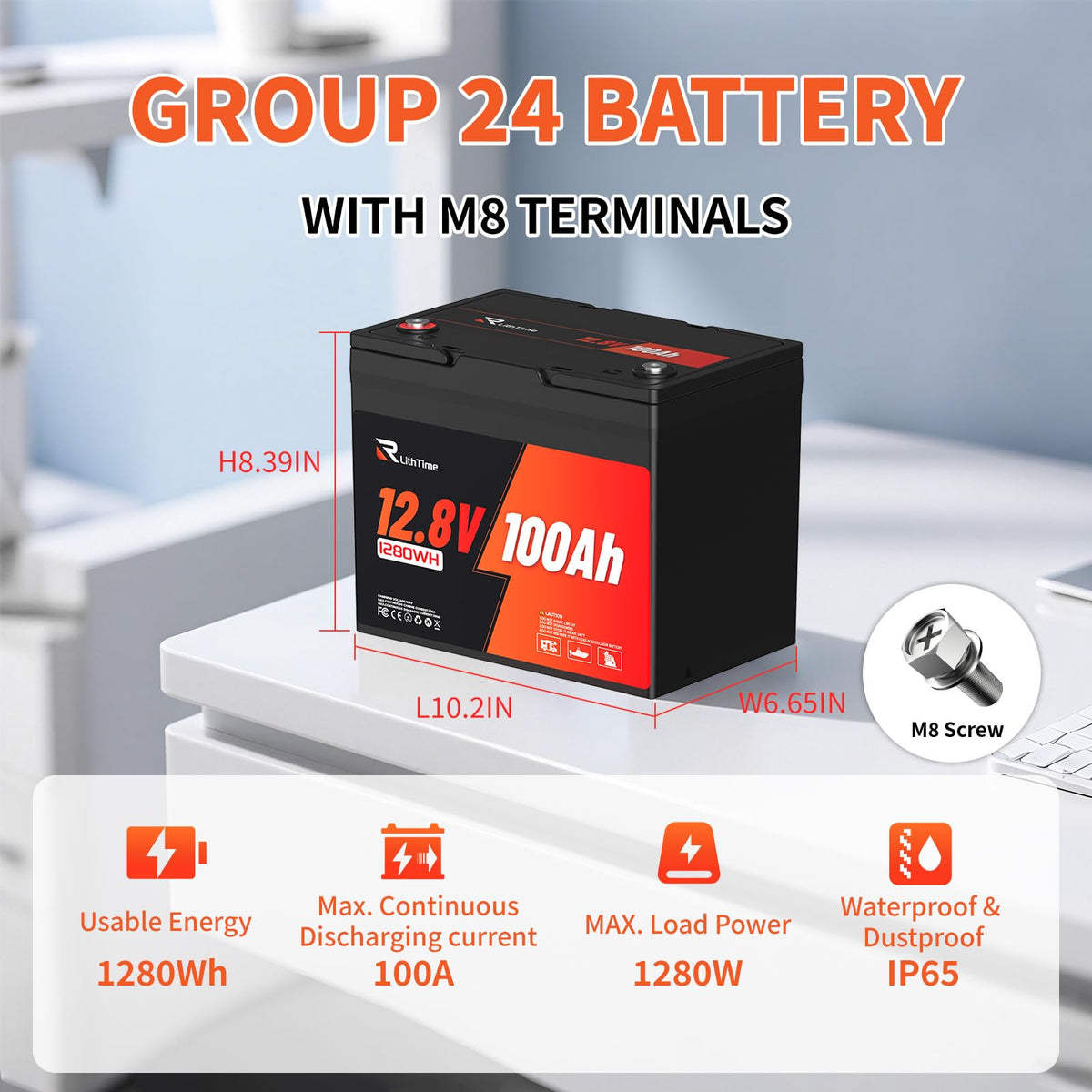 12V 100Ah Group 24 LiFePO4 Deep Cycle Battery W198