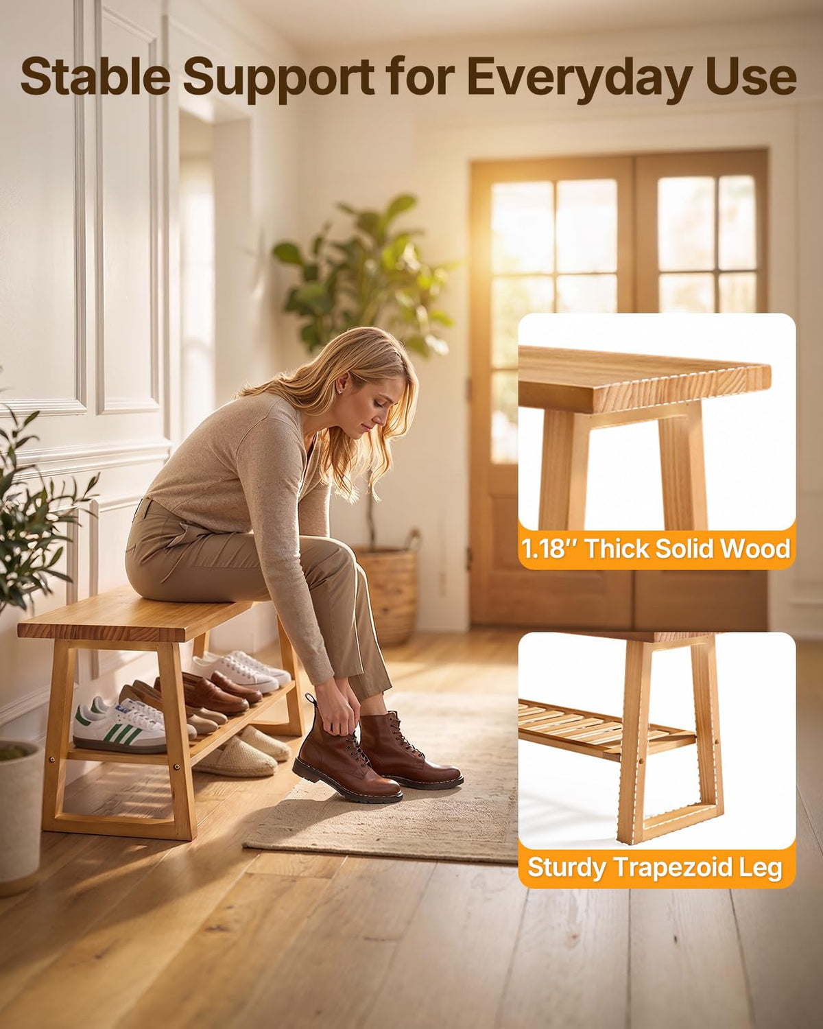 Pine Wood Entryway Bench with Shoe Storage Shelf O20819