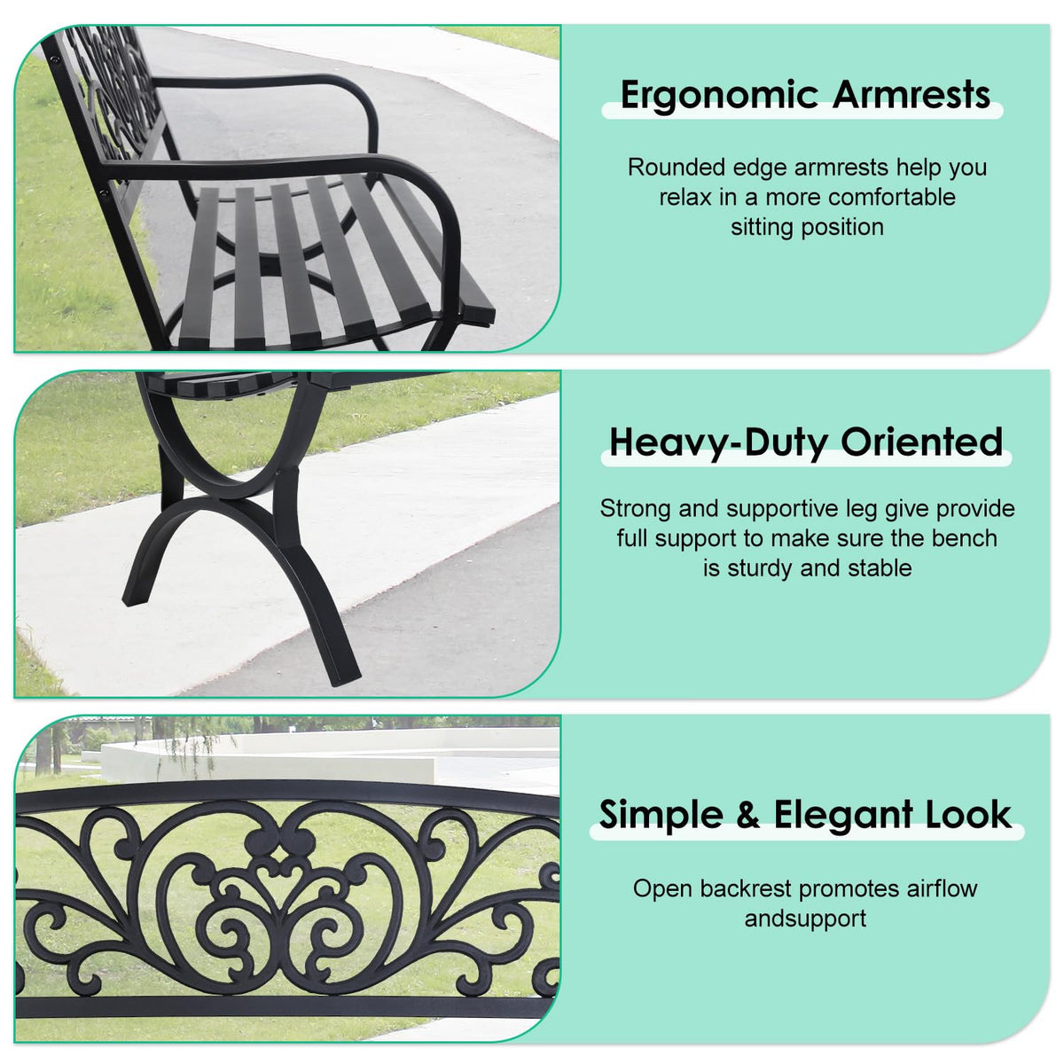 50" Outdoor Garden Bench Black 485lbs Load Capacity N7637