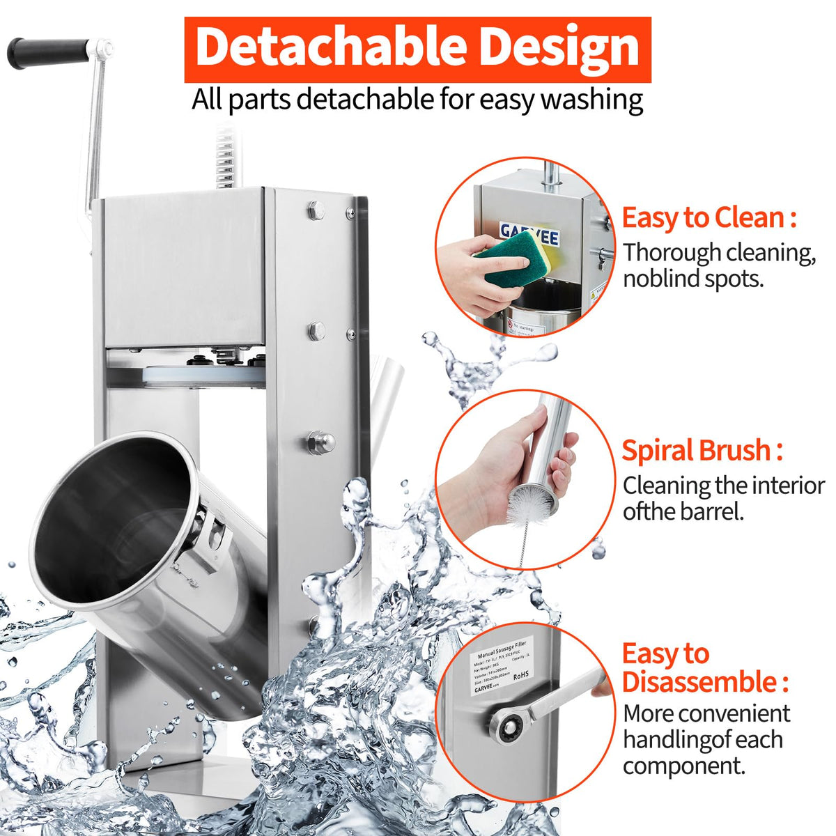 7LBS/3L 304 Stainless Steel Manual Sausage Stuffer with 5 Filling Tubes C2159