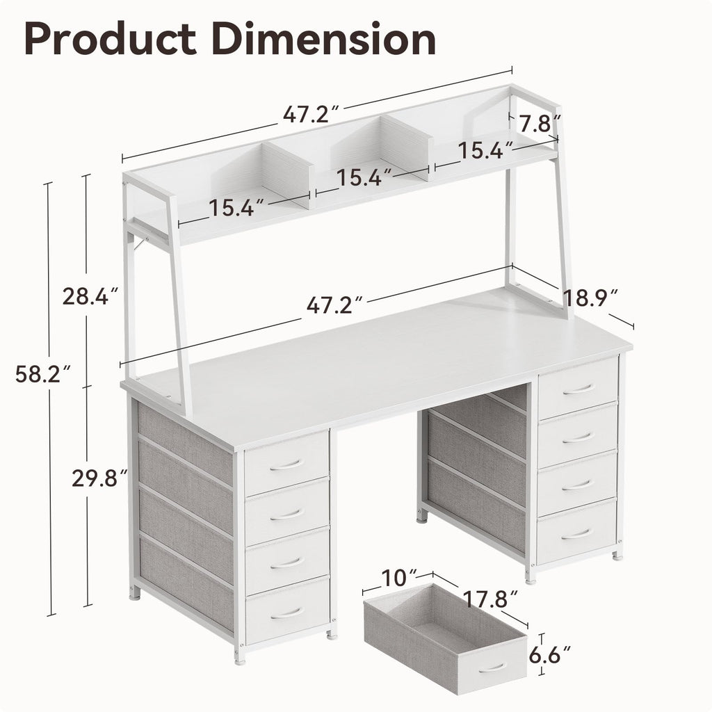 48 Inch White Computer Desk with Hutch and 8 Drawers U70131