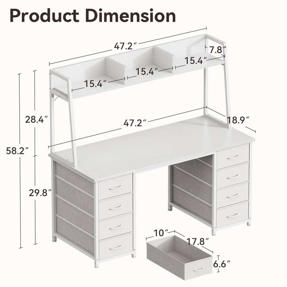 48 Inch White Computer Desk with Hutch and 8 Drawers U70131