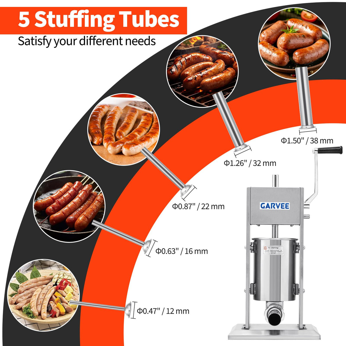 7LBS/3L 304 Stainless Steel Manual Sausage Stuffer with 5 Filling Tubes C2159