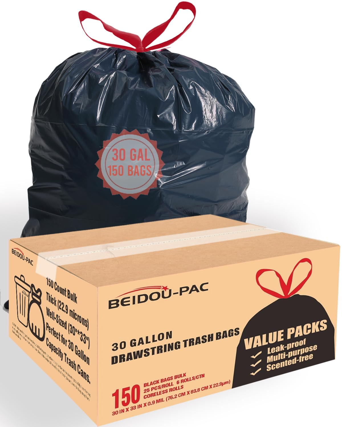30 Gallon Drawstring Trash Bags, 150 Count Black Heavy Duty Y4261