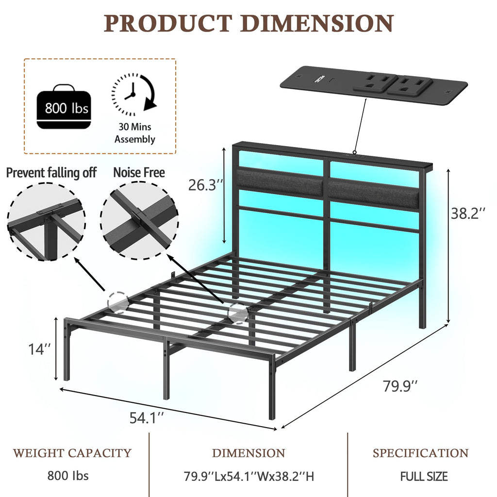 Full Size Black Platform Bed with LED Lights & Charging E87261