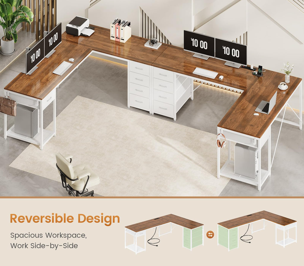 Brown White L Shaped Desk with 5 Drawers X580