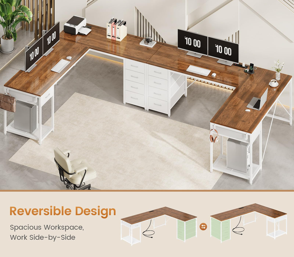 Brown White L Shaped Desk with 5 Drawers X580