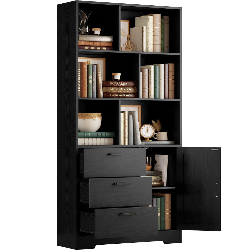 70.9-Inch Black Bookcase with Doors and 3 Drawers H1550