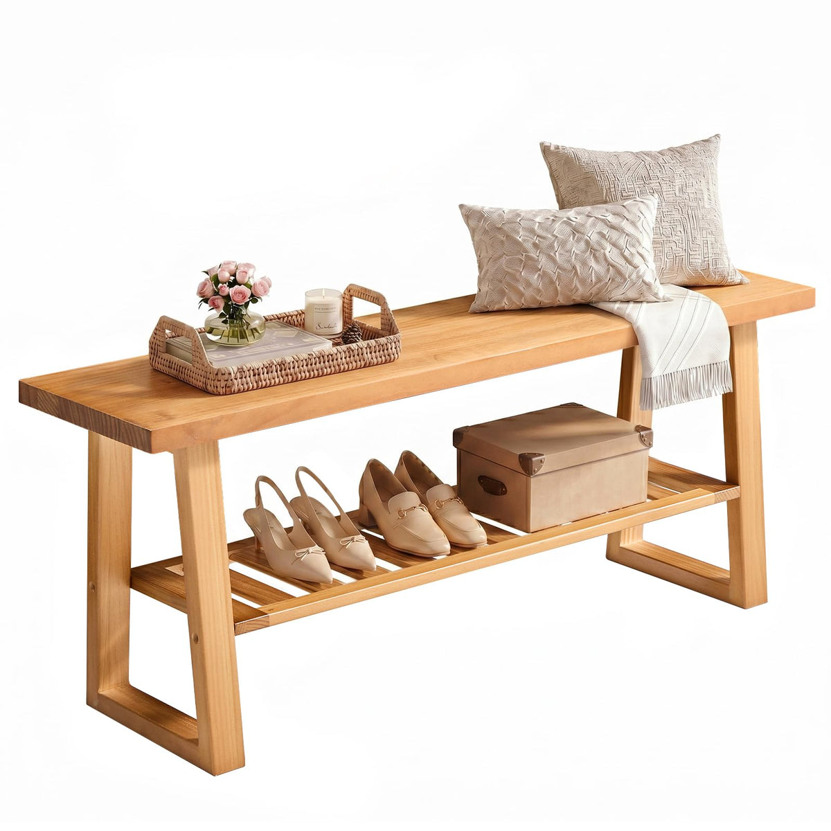 Pine Wood Entryway Bench with Shoe Storage Shelf O20819