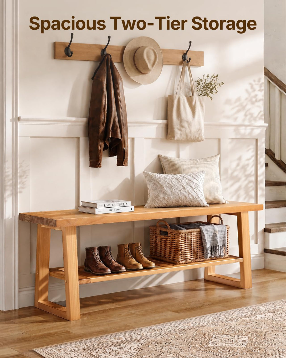 Pine Wood Entryway Bench with Shoe Storage Shelf O20819