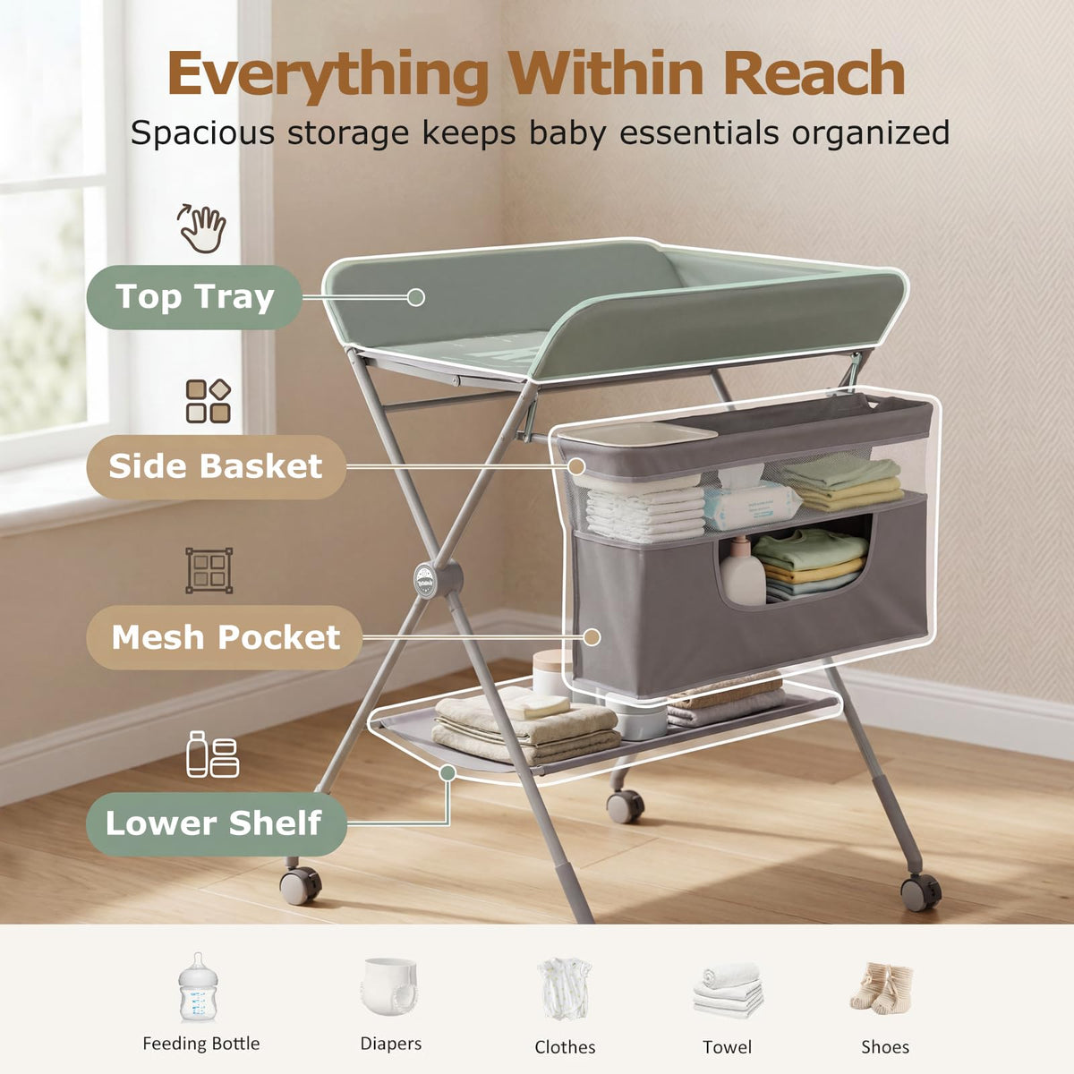 Baby Changing Table with Wheels, Portable Adjustable Folding Diaper Station with Storage V89482
