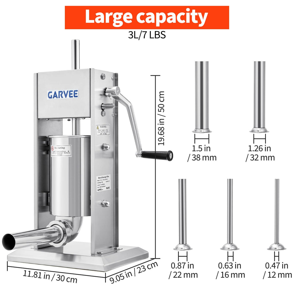 7LBS/3L 304 Stainless Steel Manual Sausage Stuffer with 5 Filling Tubes C2159