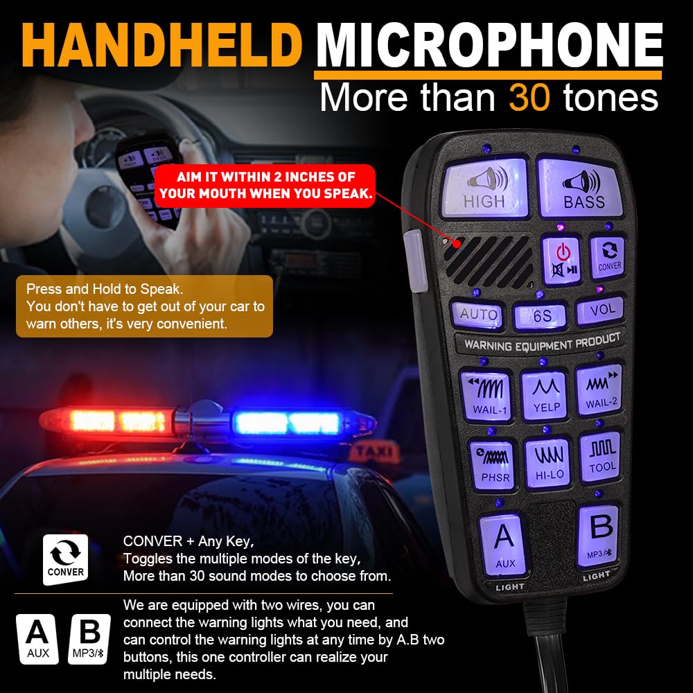 250W Multi-Tones Slim PA Siren Speaker with Handheld Controller & Mic D13647