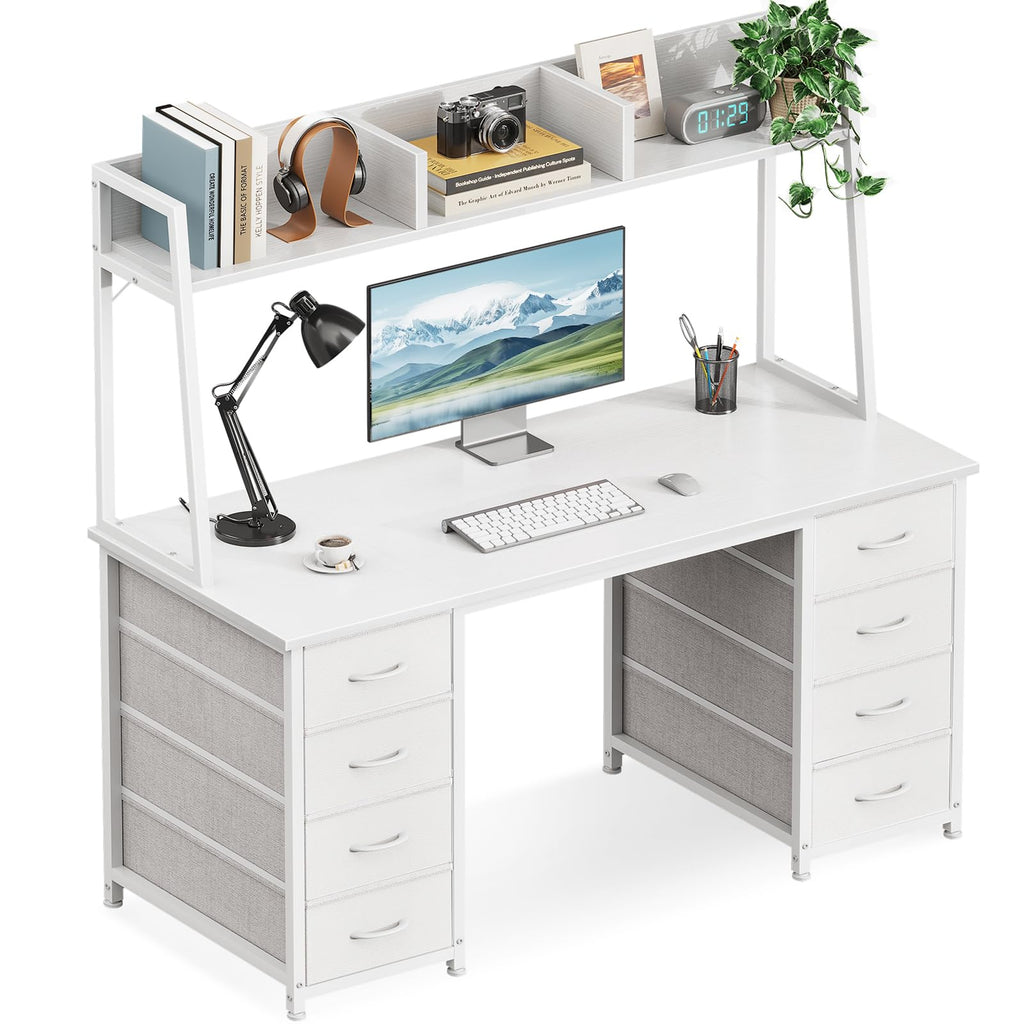 48 Inch White Computer Desk with Hutch and 8 Drawers U70131
