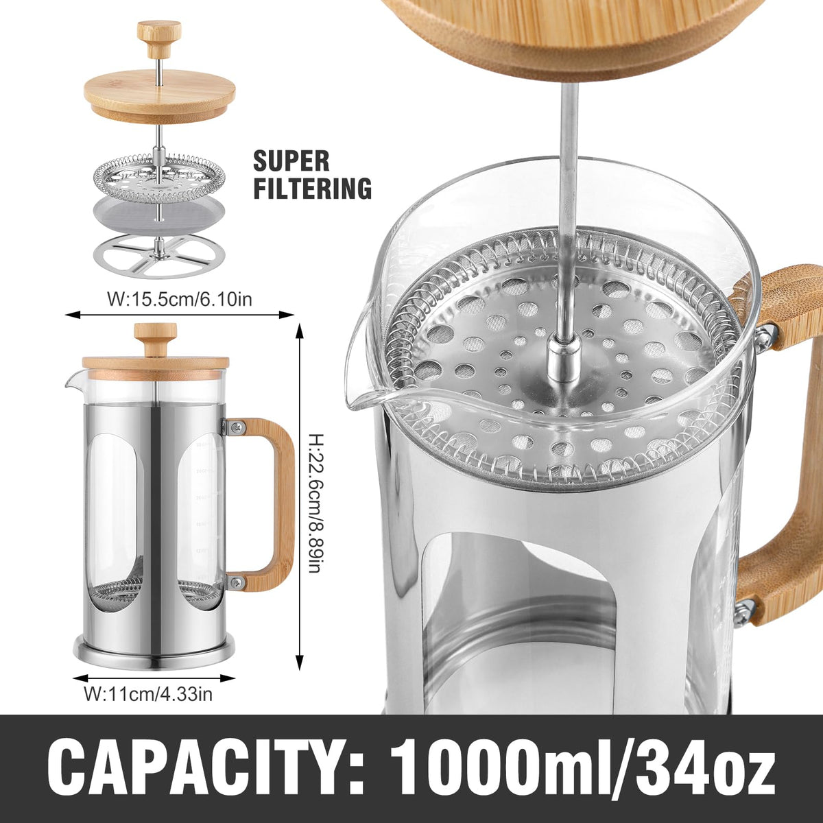 34 oz Borosilicate Glass French Press Coffee Maker S140261
