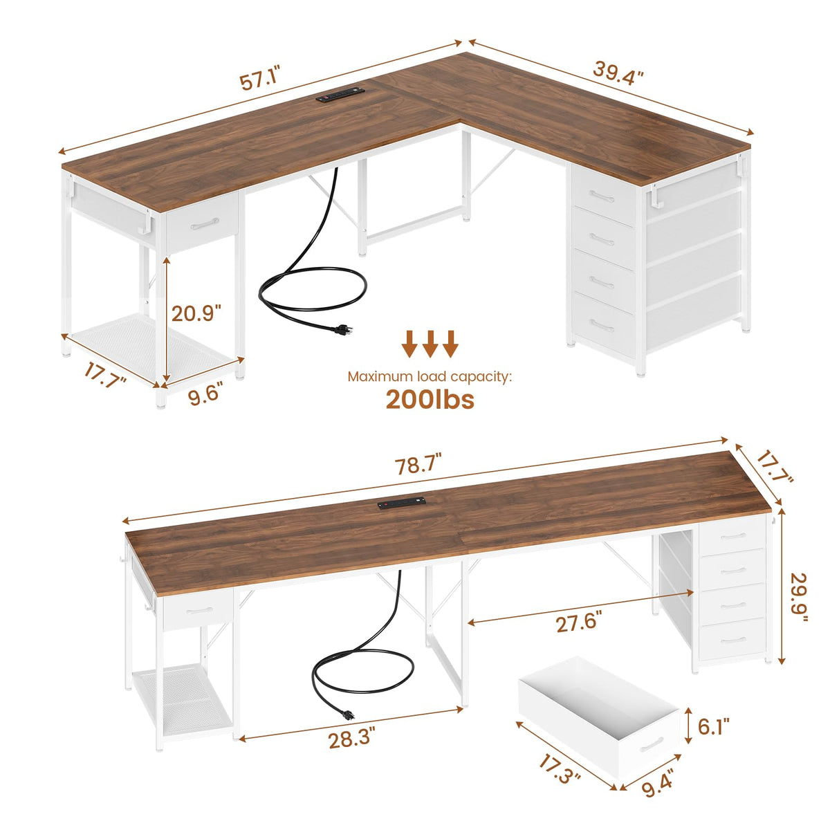 Brown White L Shaped Desk with 5 Drawers X580