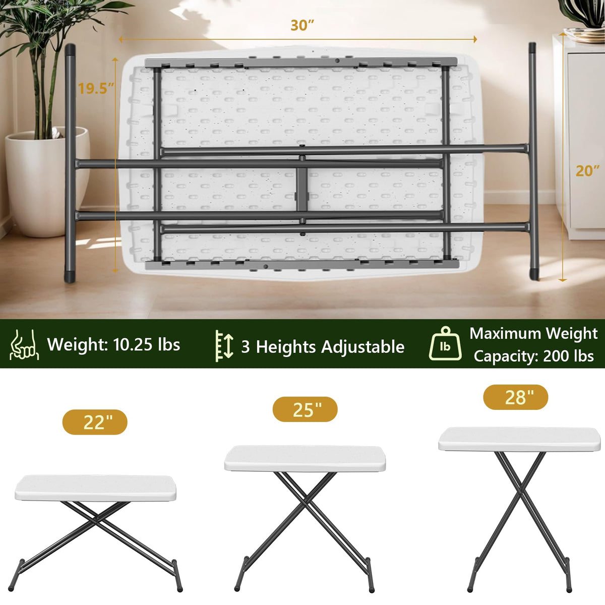 Folding Table 30 Inch Adjustable Height White Granite H951354