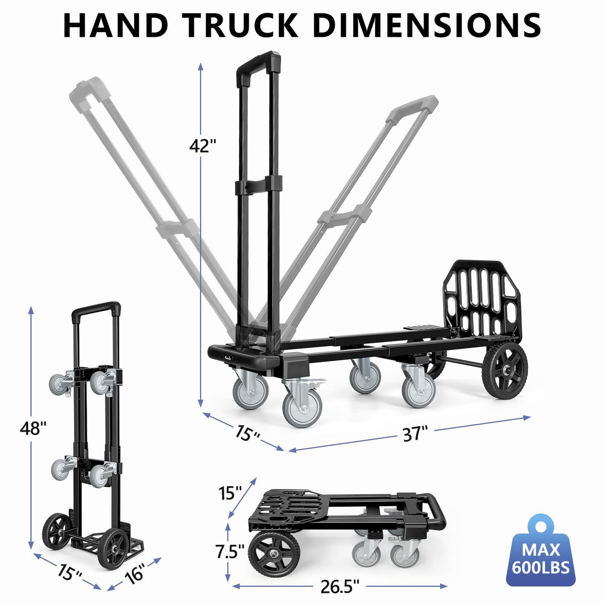 3-in-1 Convertible Dolly Cart 600LB Hand Truck with 6 Wheels N4010