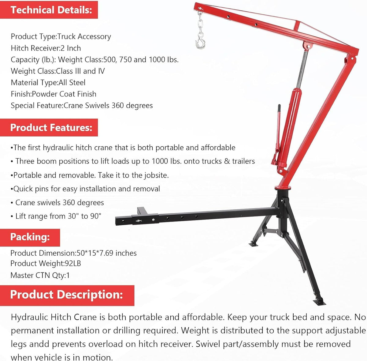 Hydraulic Pickup Truck Crane, 1000 Lbs Capacity, 360° Swivel, Red X3133