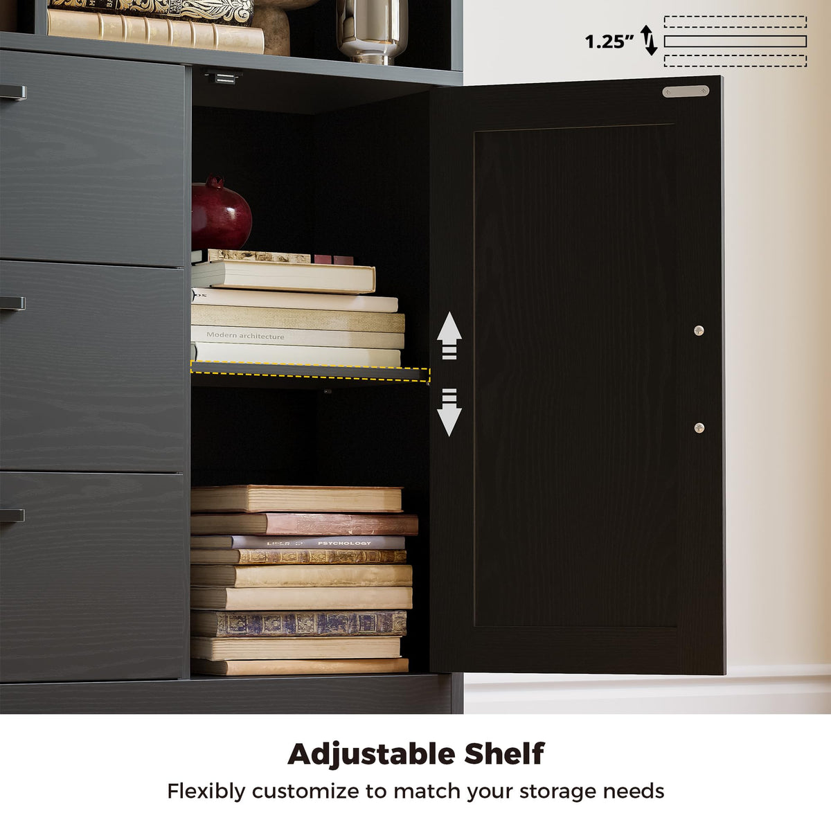70.9-Inch Black Bookcase with Doors and 3 Drawers H1550