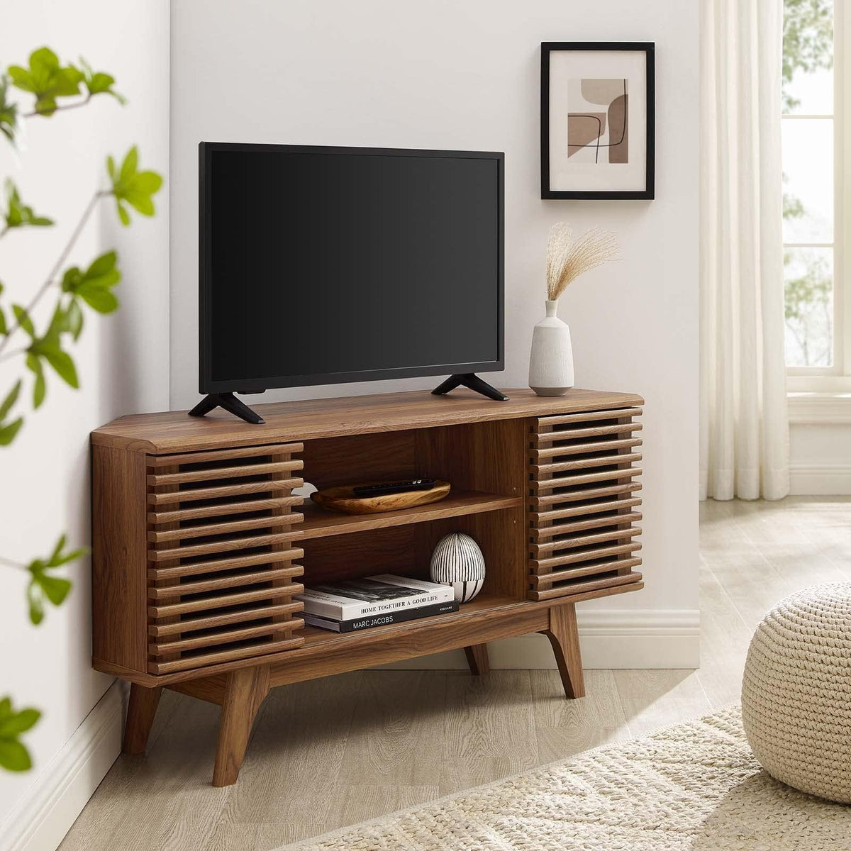 46 in Walnut Corner TV Stand with Sliding Doors P784921