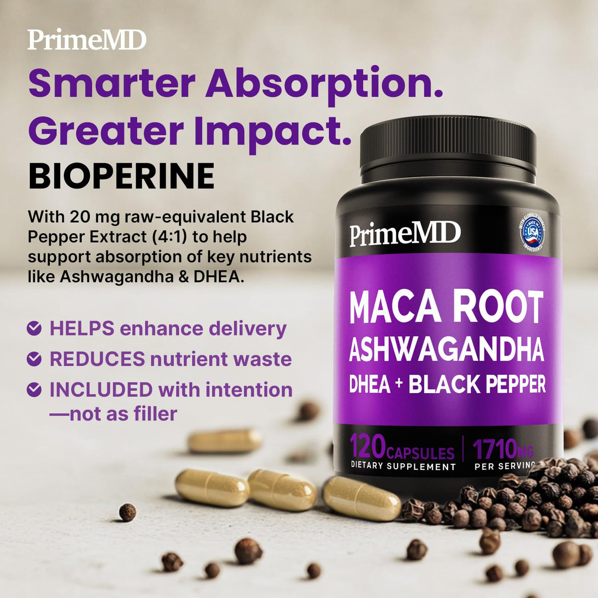 Maca Root Ashwagandha 1710mg with DHEA & Black Pepper, 120ct Y151589