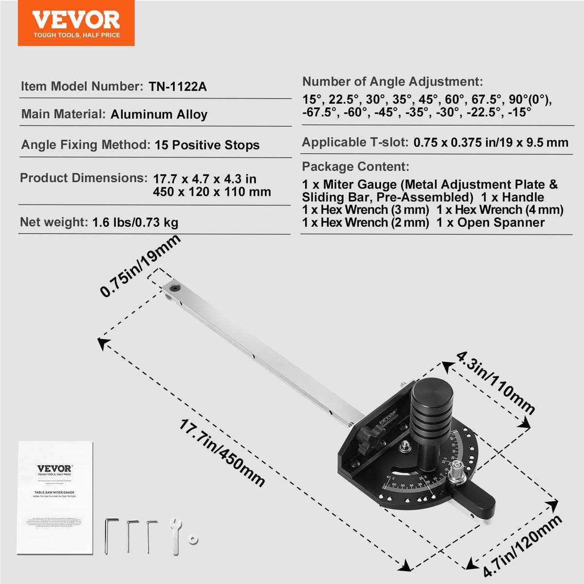 Precision Miter Gauge, 3/4'' x 3/8'', Aluminum Alloy Table Saw Miter Gauge with 15 Angle Stops B3499