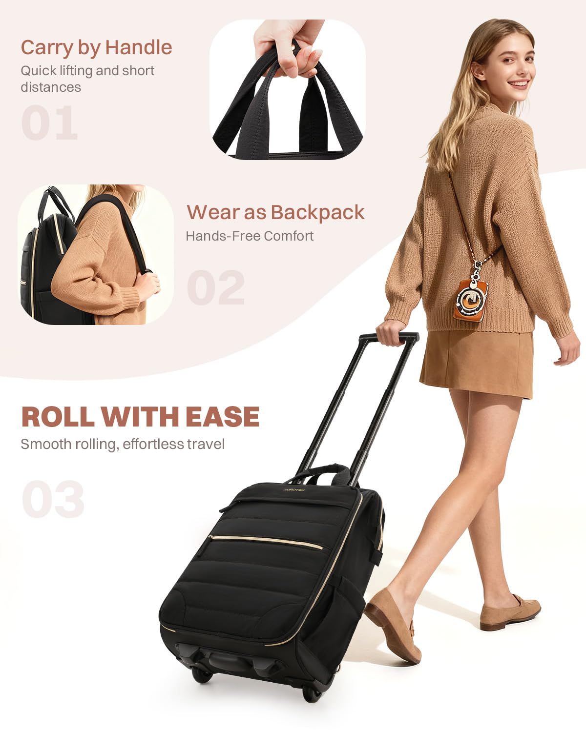 Rolling Puffer Laptop Bag Set with Wheels, 16 Inch Underseat Carry on Luggage E436