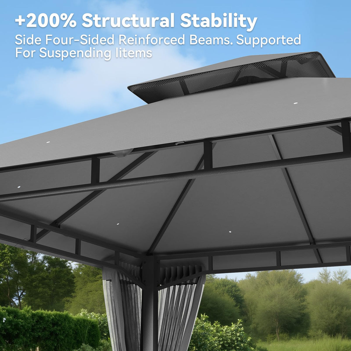 8'x8' Gray Gazebo with Double Roof & Mosquito Netting R34034