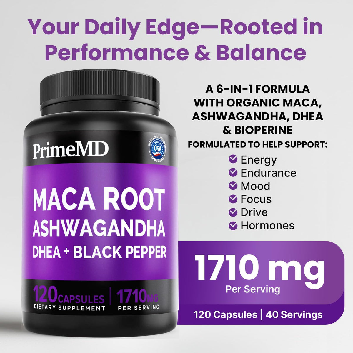 Maca Root Ashwagandha 1710mg with DHEA & Black Pepper, 120ct Y151589