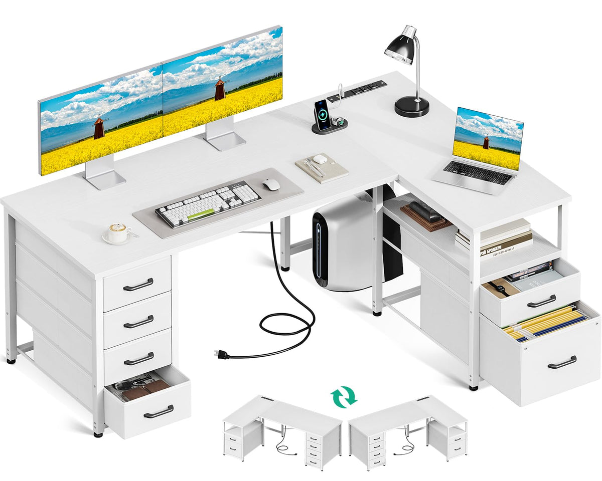 55 Inch L Shaped Office Desk with 6 Drawers White K364101