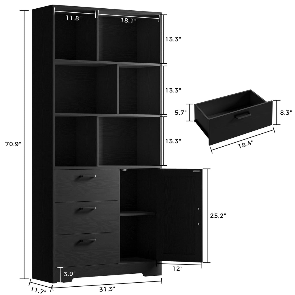 70.9-Inch Black Bookcase with Doors and 3 Drawers H1550