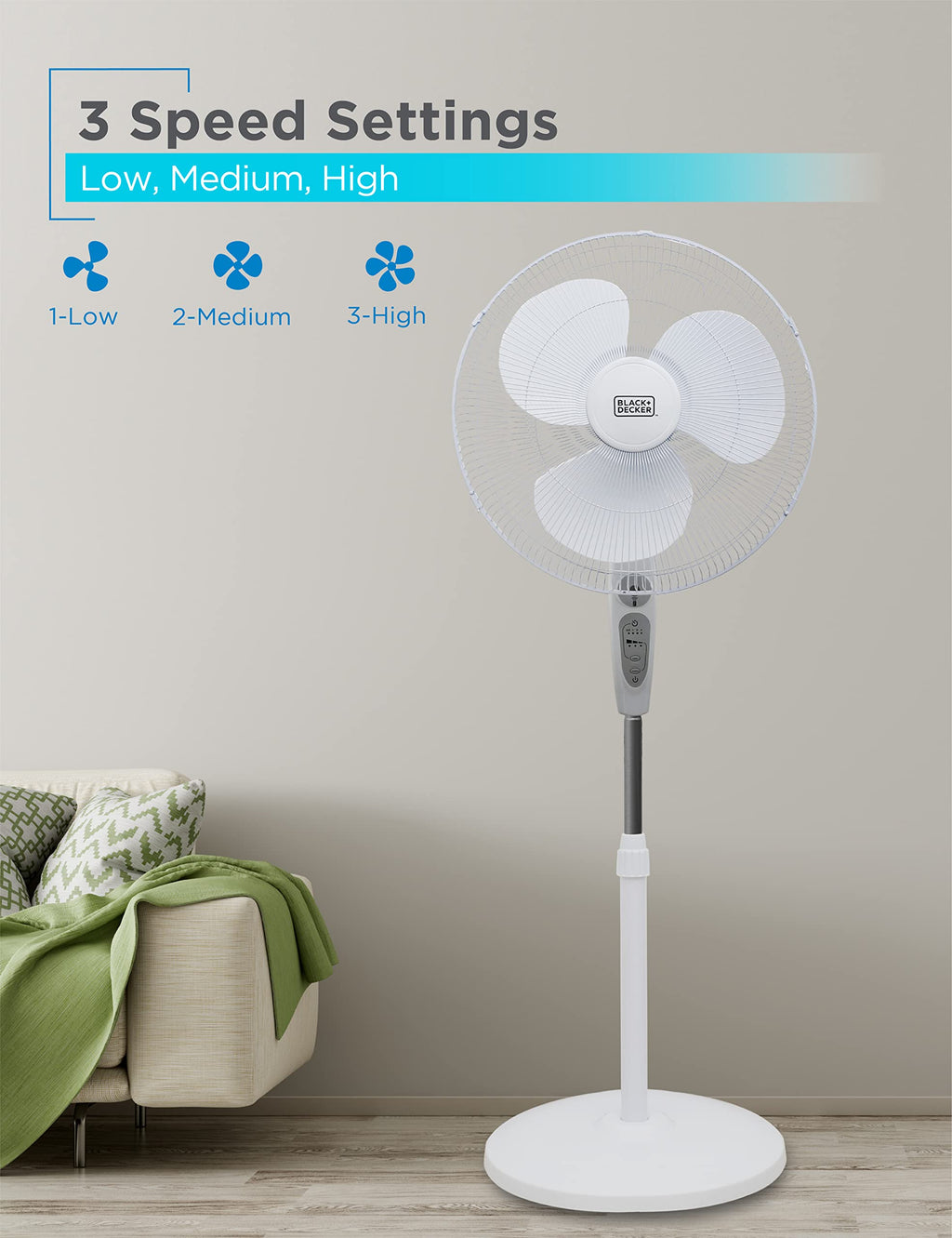 18-Inch Stand Fan with Remote and 3-Speed Settings, White O70147