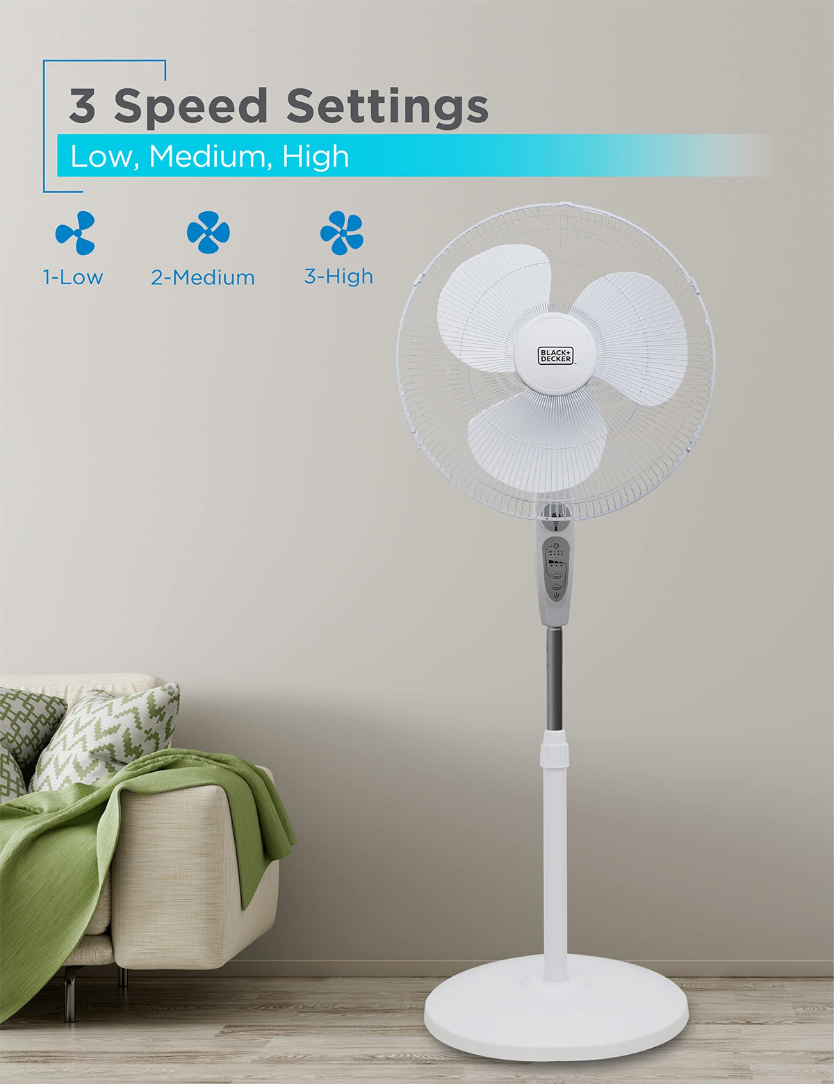 18-Inch Stand Fan with Remote and 3-Speed Settings, White O70147