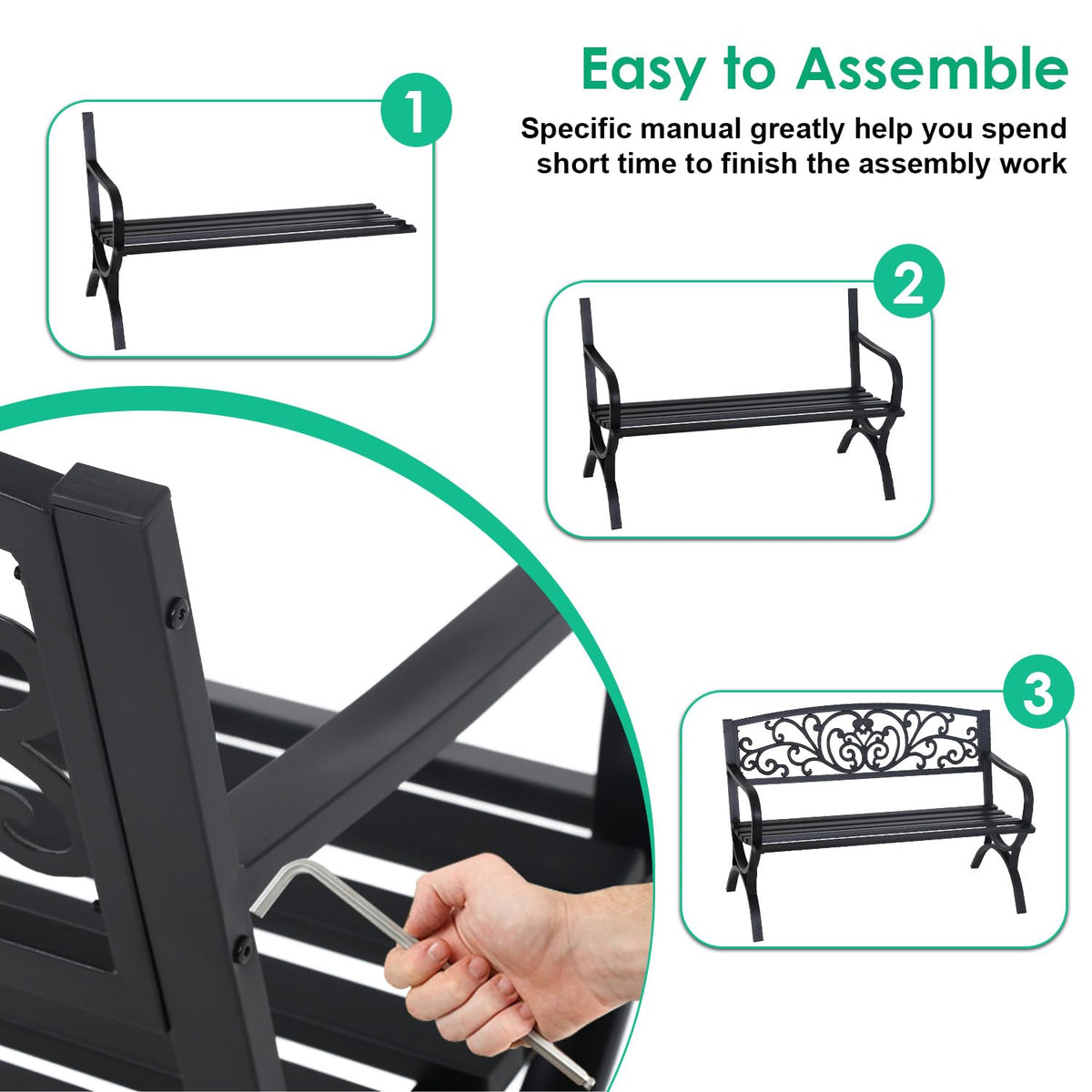 50" Outdoor Garden Bench Black 485lbs Load Capacity N7637