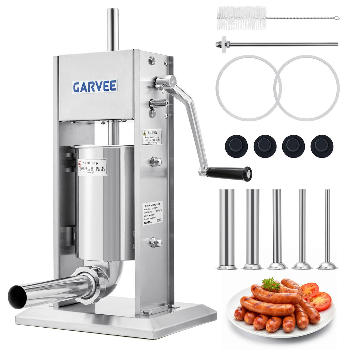 7LBS/3L 304 Stainless Steel Manual Sausage Stuffer with 5 Filling Tubes C2159