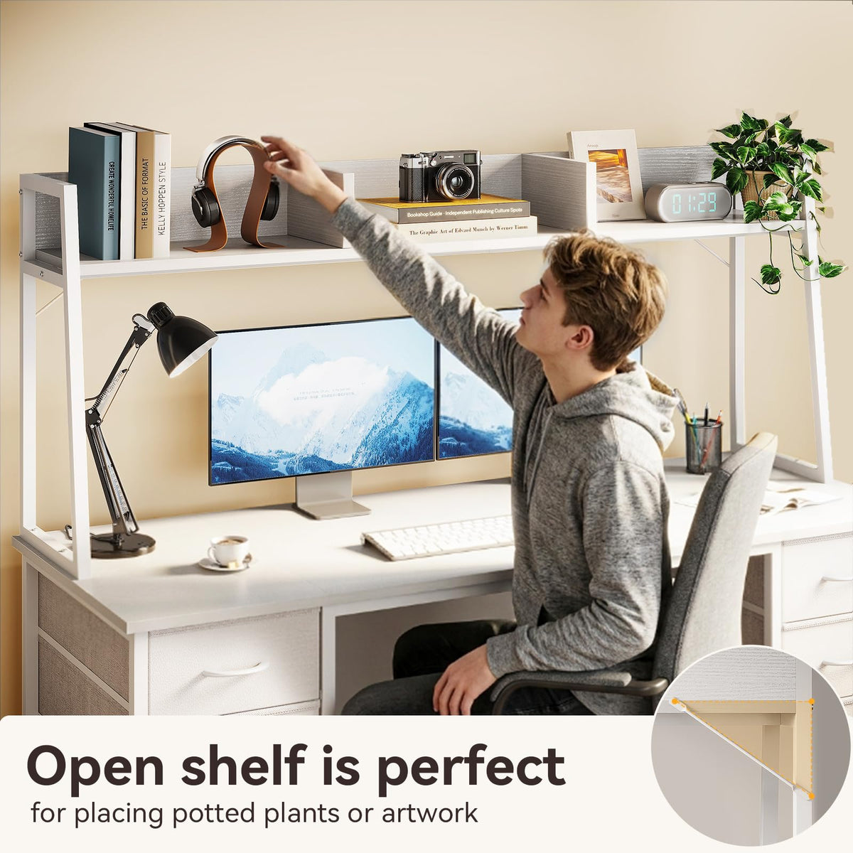 48 Inch White Computer Desk with Hutch and 8 Drawers U70131