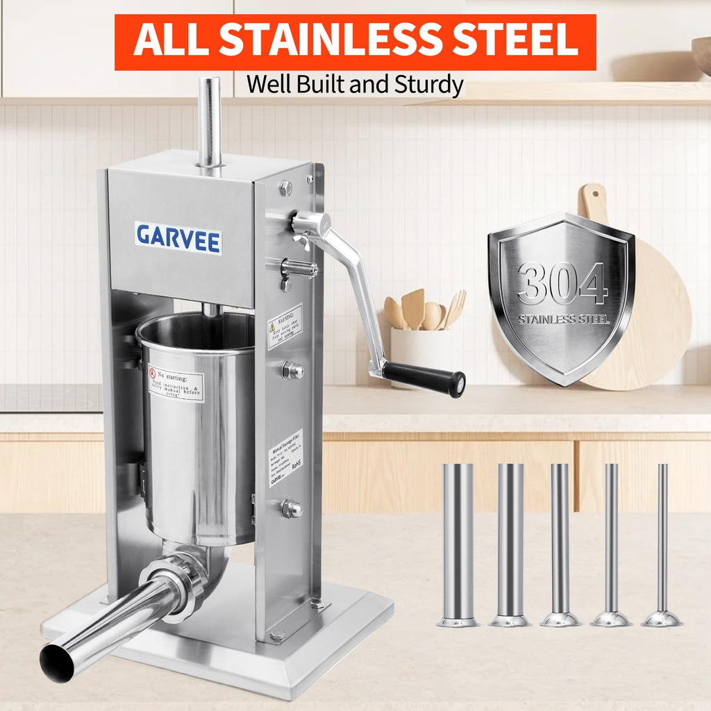7LBS/3L 304 Stainless Steel Manual Sausage Stuffer with 5 Filling Tubes C2159