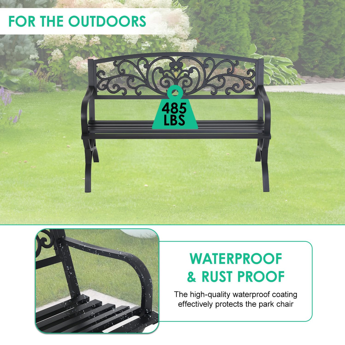 50" Outdoor Garden Bench Black 485lbs Load Capacity N7637