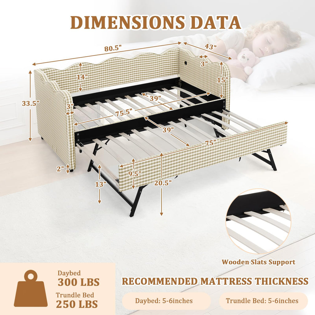 Twin Size Gingham Upholstered Daybed with Trundle and USB Ports X6943